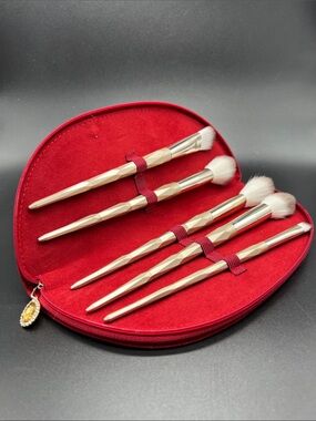 Makeup Brush Set - NEW - 5pc Geometric Champagne Gold Red Velvet Travel Case